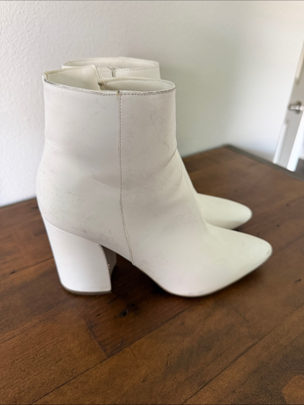 Sugar White Pointed Toe Block Heel Ankle Boots